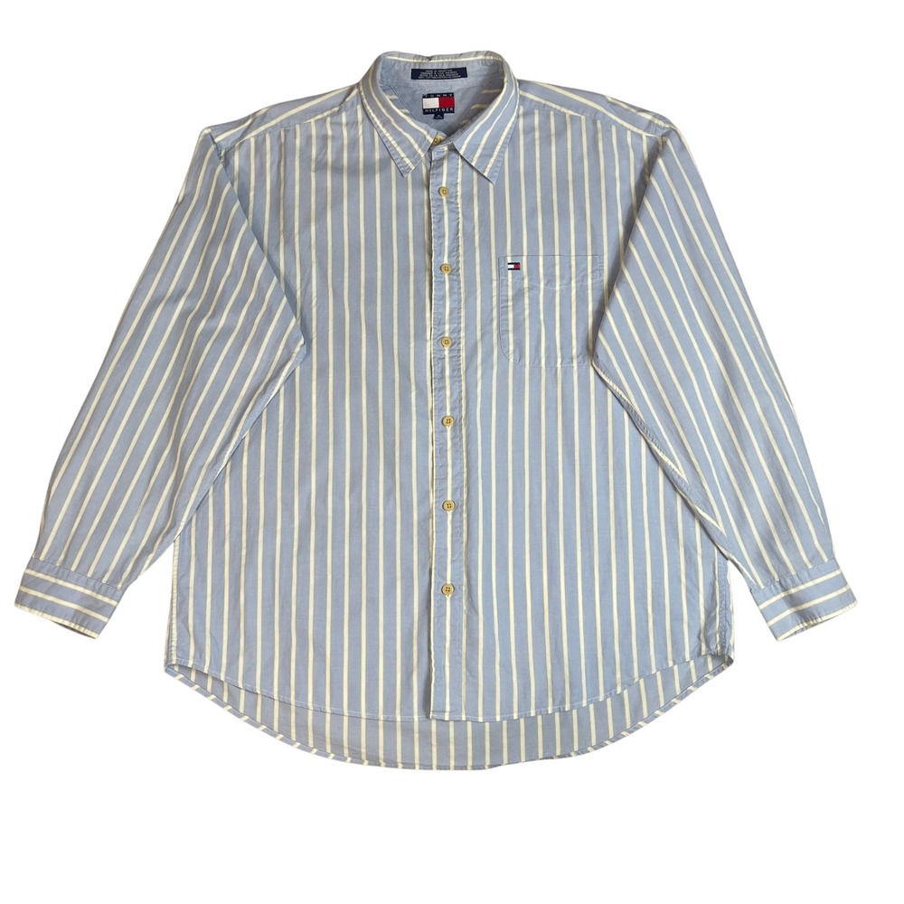 Tommy Hilfiger Mens Button Down Shirt XL Blue White Stripe Pocket Logo Casual - Picture 2 of 12